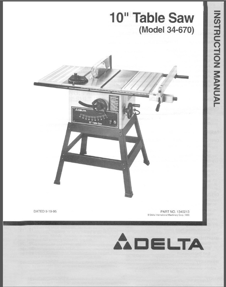 Delta 10&Prime; Table Saw (Model 34-670) Manual: 23 Page, Black & White, Coil Bound