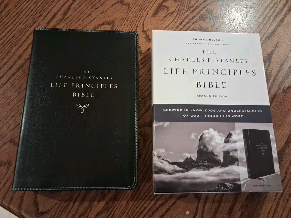 NASB Charles Stanley Life Principles Bible ~Retail $80 BLACK LEATHER SOFT 2nd Ed